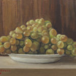 G.Mozzanica, uva bianca su piatto bianco, 1970, olio su legno multistrato 4 mm, 34x24 cm, pinacoteca - Fondazione Giuseppe Mozzanica
