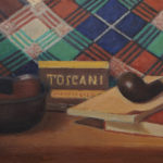 Giuseppe Mozzanica, Pipa e Toscani, 1966, olio su masonite, 40 x 20 cm, Pinacoteca - Fondazione Giuseppe Mozzanica.